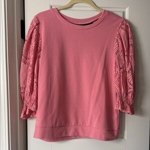 New York & Company Pink Eyelet Lace Balloon Sleeve Sweatshirt